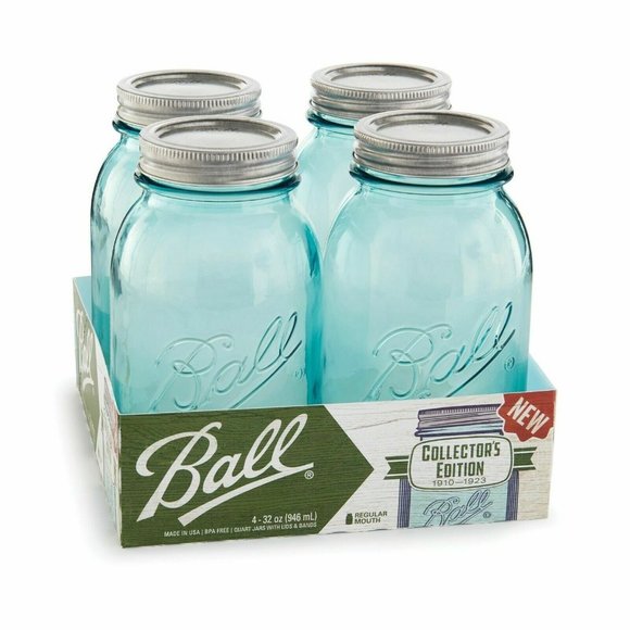 Ball Aqua Blue Mason Jars 32-oz Vintage Regular Mouth Quart Glass Canning 4-pk - Picture 1 of 5